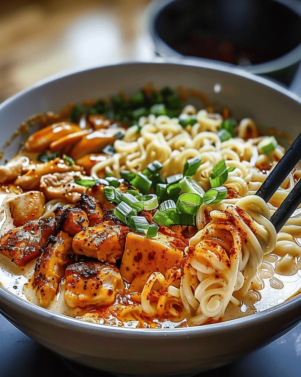 Fiery Chicken Ramen with Creamy Garlic Sauce: A Spicy Delight