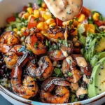 Grilled Shrimp Bowl with Avocado, Corn Salsa Creamy Garlic Sauce