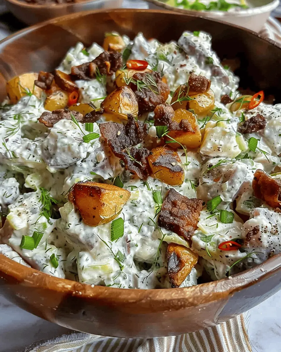 Crispy Smashed Potato Salad with Turkey Bacon and Chicken Ham