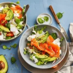 Avocado salad with cottage cheese and smoked salmon