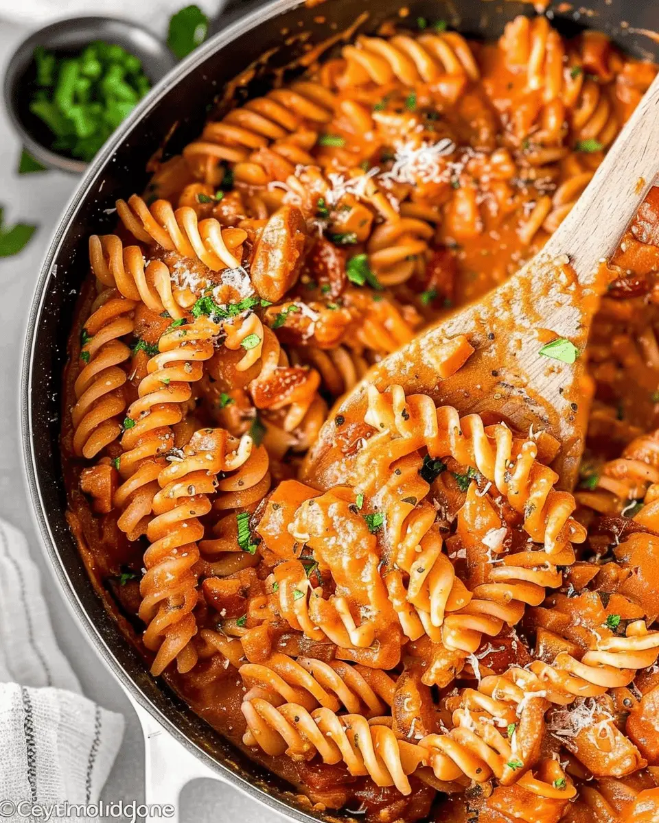 One Pot Creamy Tomato Pasta with Turkey Bacon and Chicken Ham