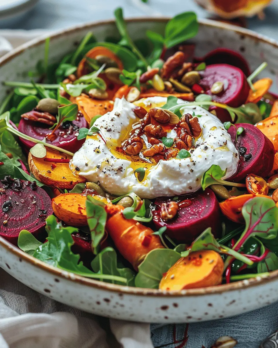 Delicious Salad Recipes Ideas: Savory Roasted Beet and Carrot Salad with Burrata