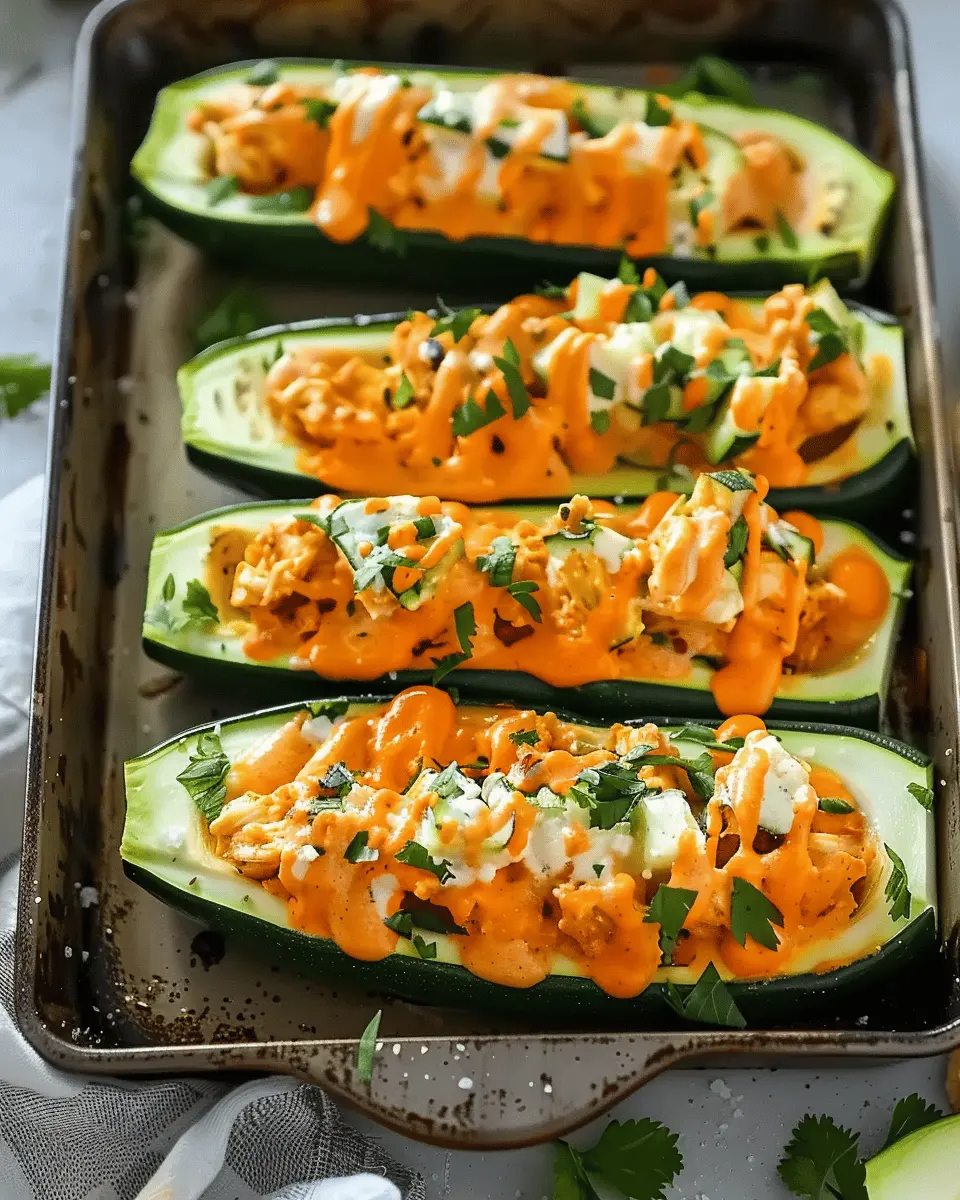 Low Carb Recipes: Easy High Protein Buffalo Chicken Stuffed Zucchini Boats