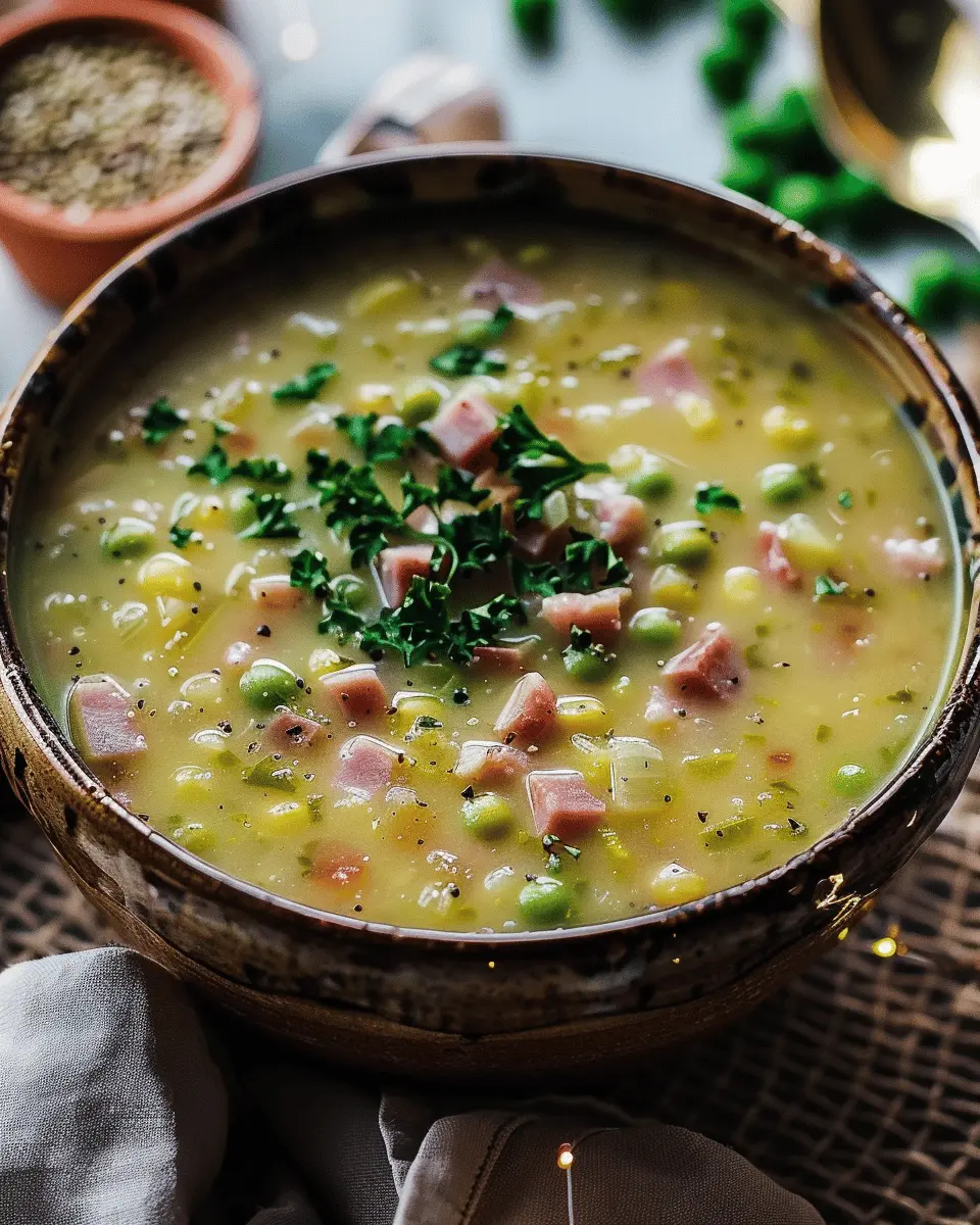 easy soup recipes: Comforting Split Pea and Chicken Ham Soup
