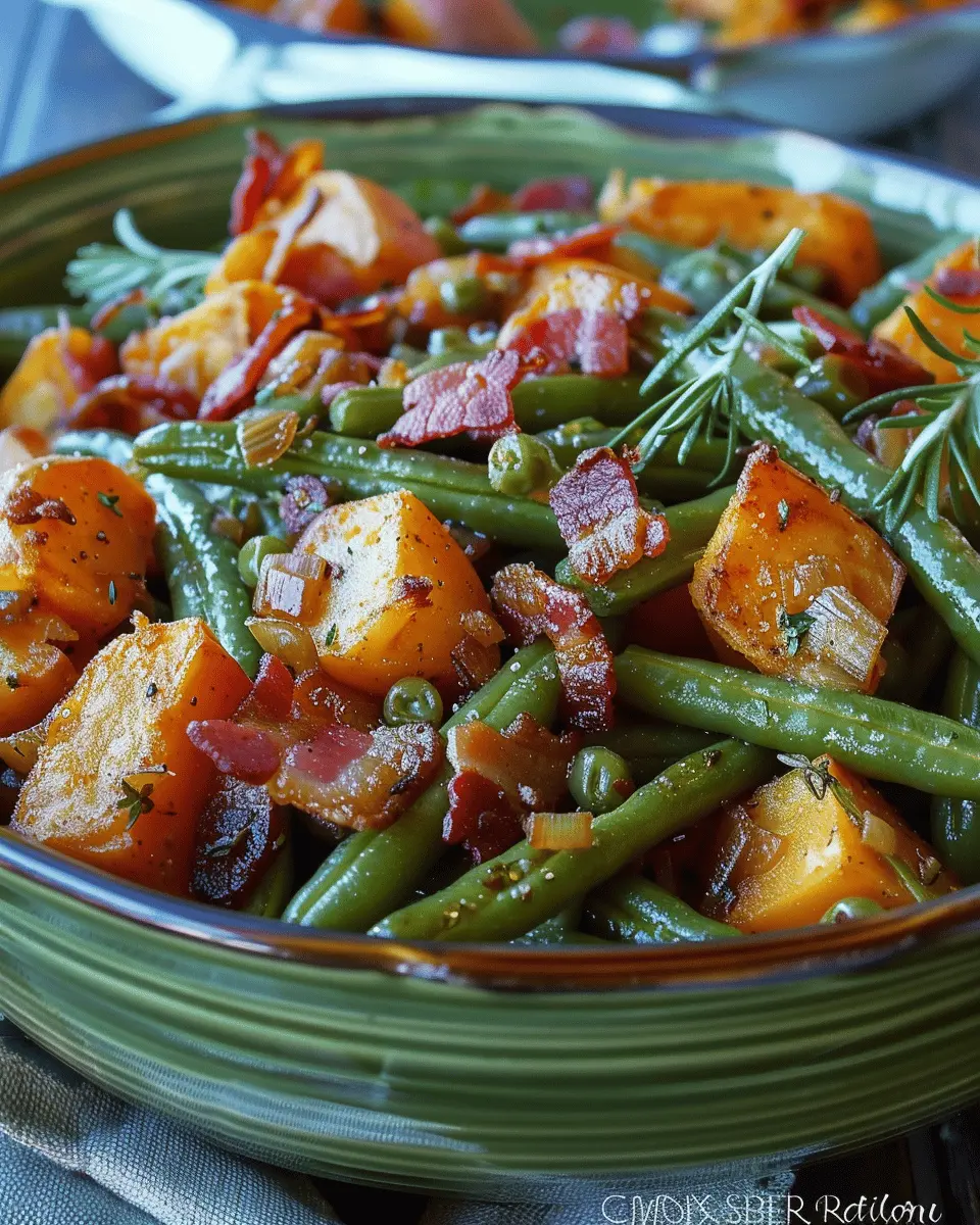 Sweet Potato Recipes: Easy Country Ranch Green Beans ‘n Potatoes with Turkey Bacon