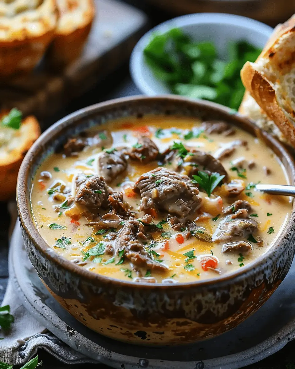 easy soup recipes: Indulgent Philly Cheese Steak Soup Delight