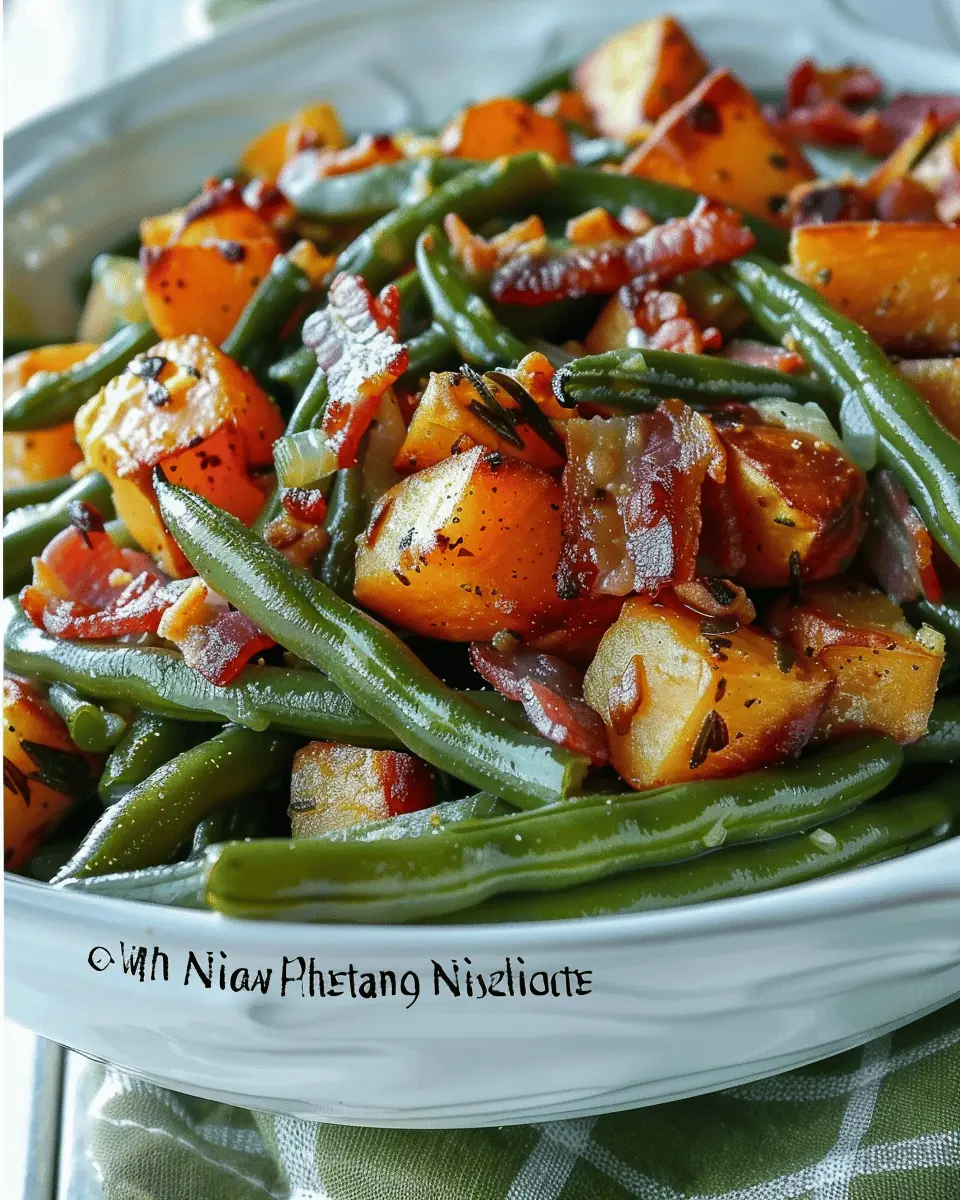 Sweet potato recipes: Easy Country Ranch Green Beans n Potatoes with Turkey Bacon