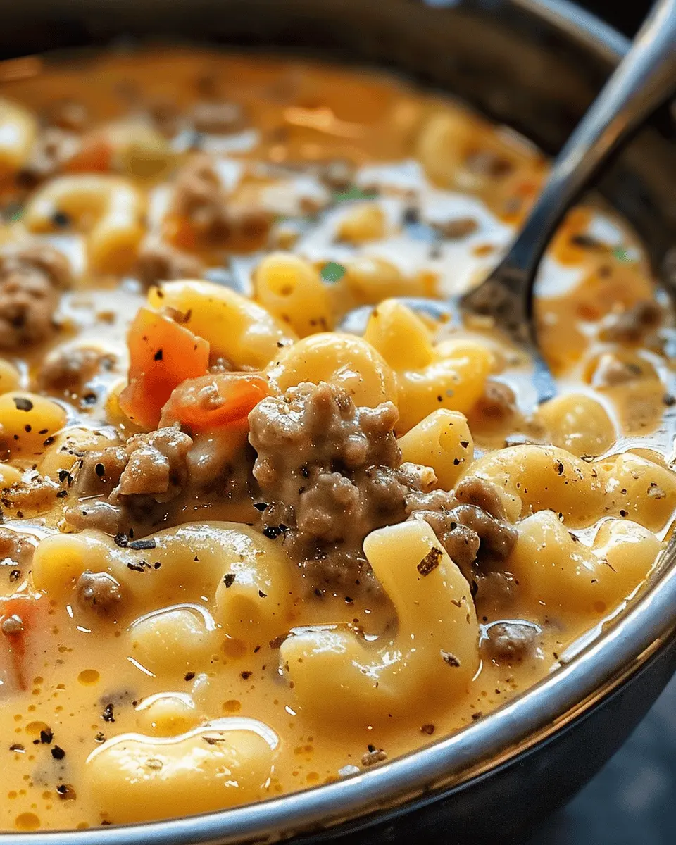 easy soup recipes: Delightful One-Pot Macaroni Cheeseburger Soup No Velveeta