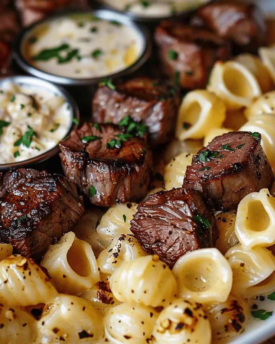 Steak Bites and Shell Pasta in Indulgent Garlic Butter Alfredo Sauce