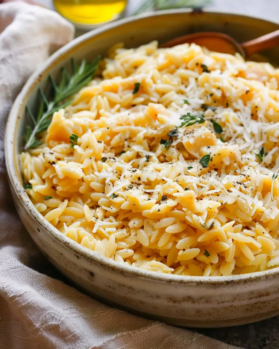One Pot Cheesy Orzo Delight with Turkey Bacon and Chicken Ham