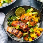 breakfast bowl recipes : BBQ Salmon Bowls with Mango Avocado Salsa