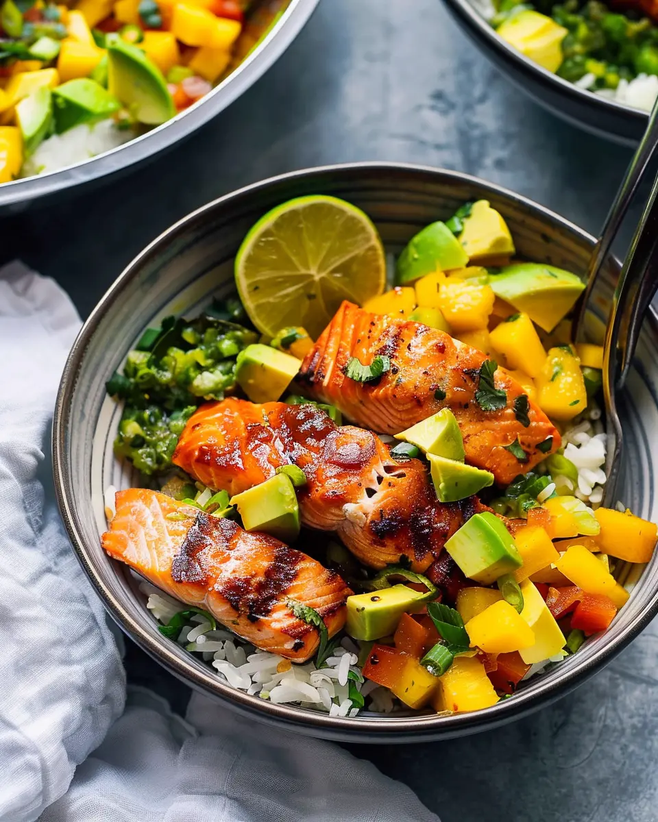 breakfast bowl recipes: Best BBQ Salmon Bowls with Mango Salsa