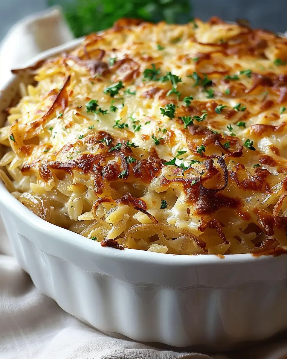 French Onion Orzo Bake with Turkey Bacon: A Comforting Treat