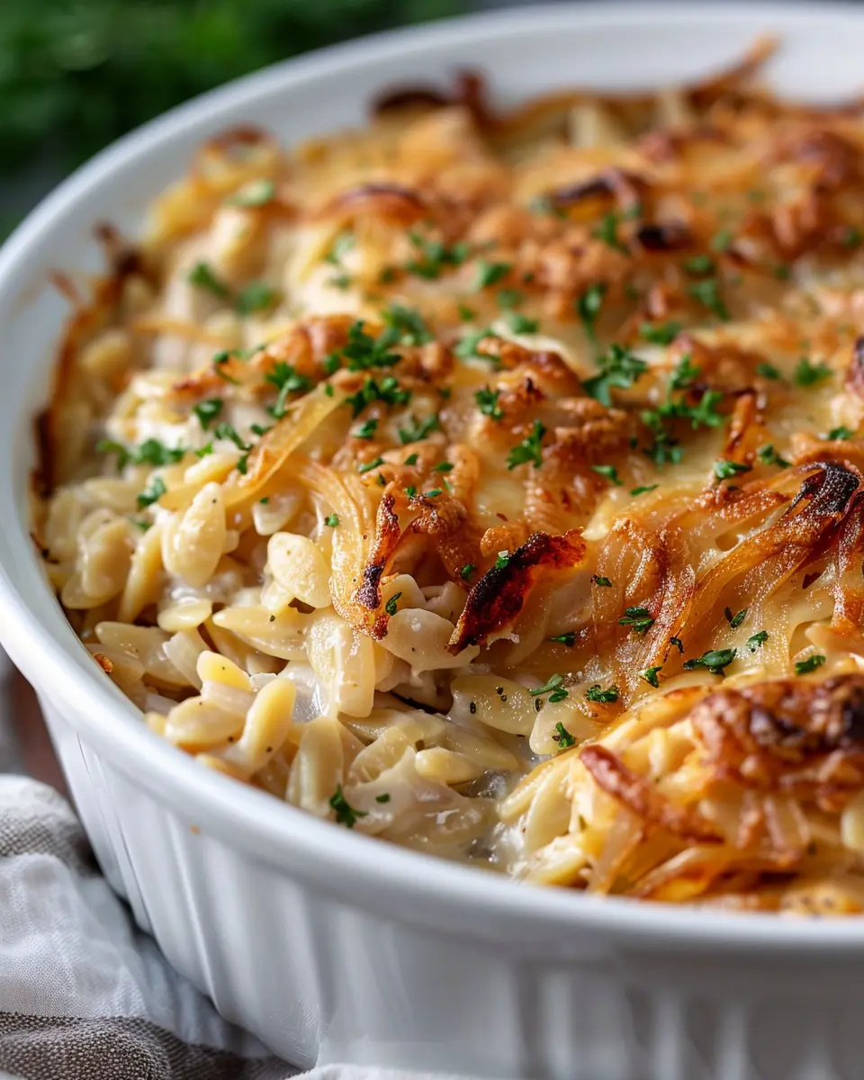 French Onion Chicken Orzo Casserole with Turkey Bacon Bliss