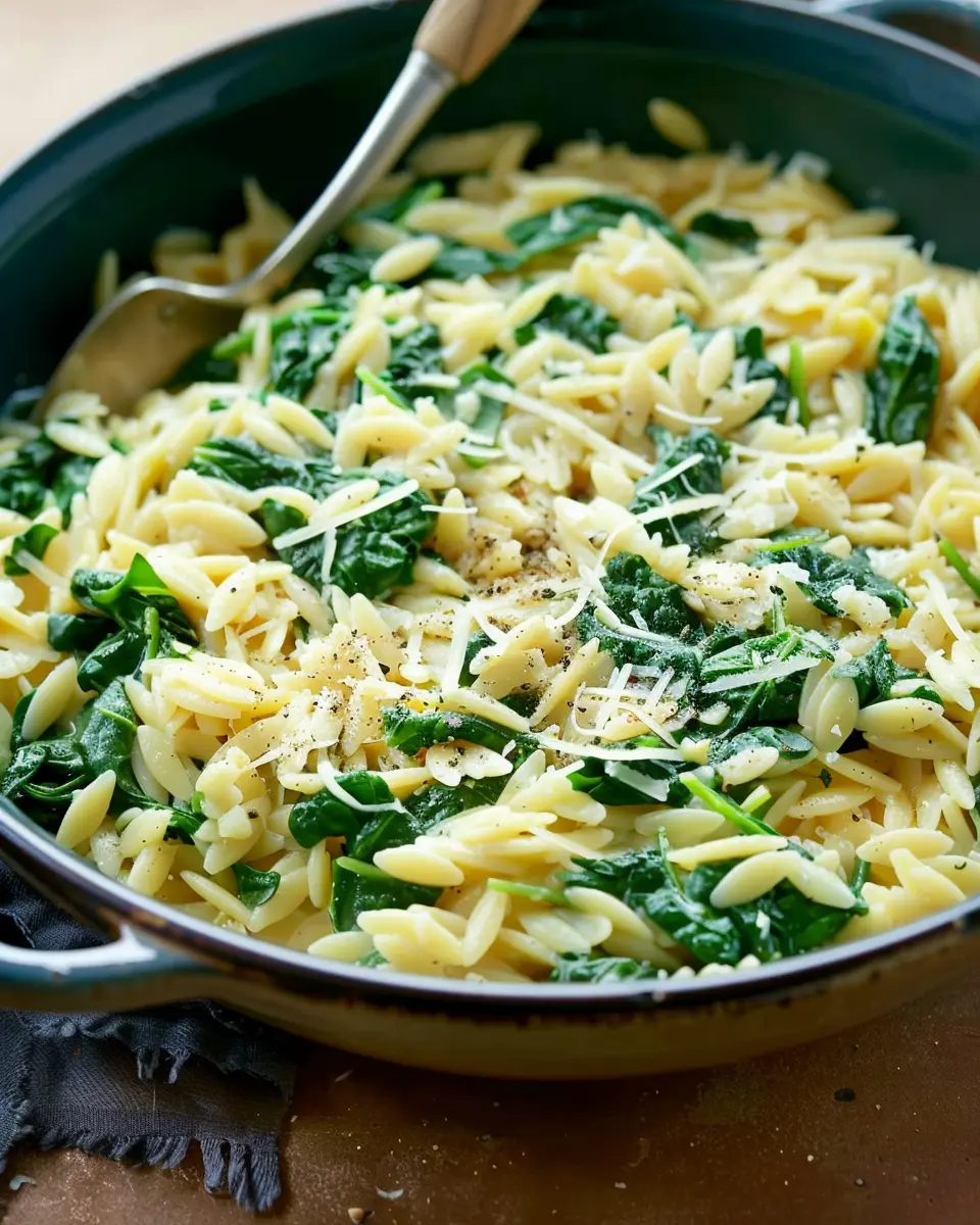 One-Pot Spinach Orzo Delight with Parmesan and Turkey Bacon