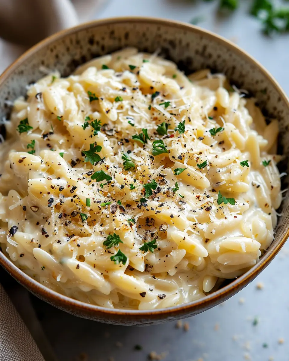 Creamy Garlic Parmesan Orzo with Turkey Bacon and Chicken Ham