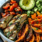 breakfast bowl recipes : Grilled Herb Chicken Bowl: Easy with Sweet Potato Fries & Avocado Salsa