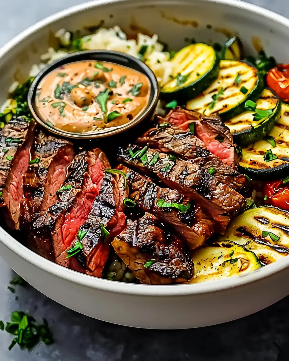 Grilled Steak Bowl: Juicy Sauce &amp; Grilled Zucchini Bliss Recipe