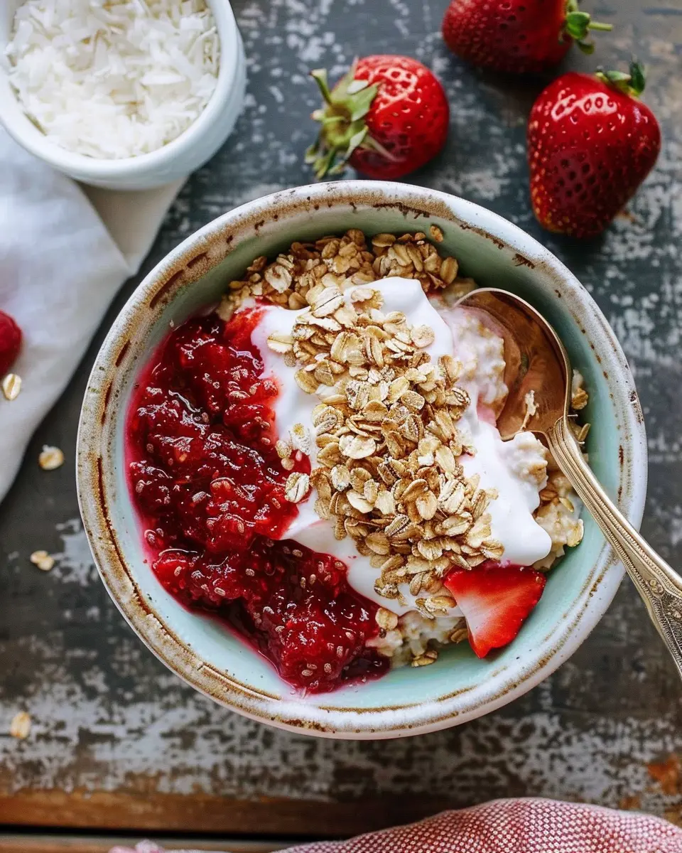 Breakfast Bowl Recipes: Indulgent Toasted Oatmeal with Strawberry Chia Jam and Coconut Whipped Cream